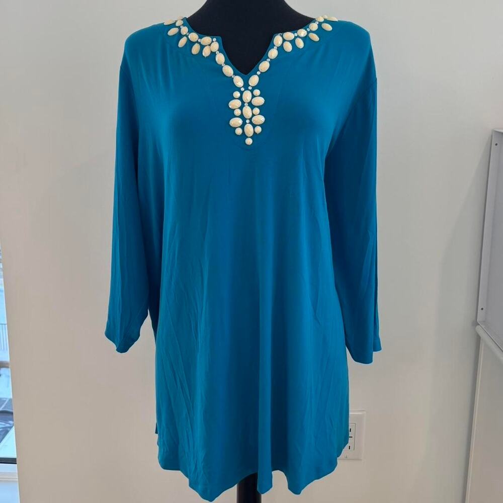 Susan Graver Bright Blue Stretchy Blouse with Ivory Gems Sz 2X NWT